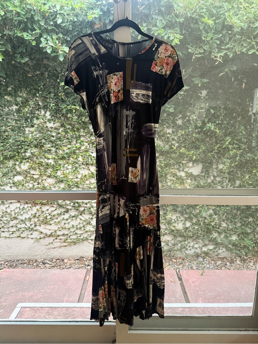 80s 90s Phoebe Whismigoth Abstract Floral Drop Waist Pleated Bottom Maxi Dress